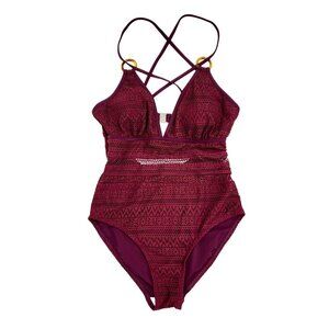 One-Piece Burgundy Crochet Swimsuit With Strappy Back & Gold Ring Details Size M
